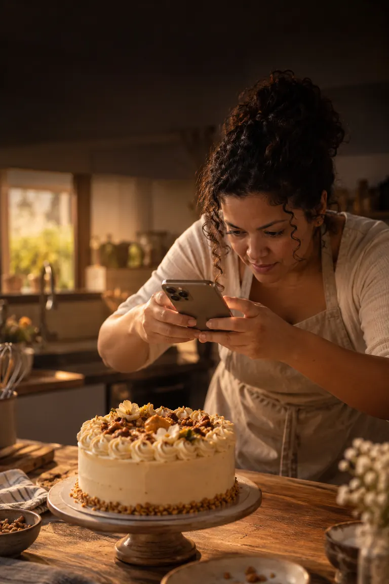 Confeiteira fotografando de cima, com o iPhone, um bolo decorado.