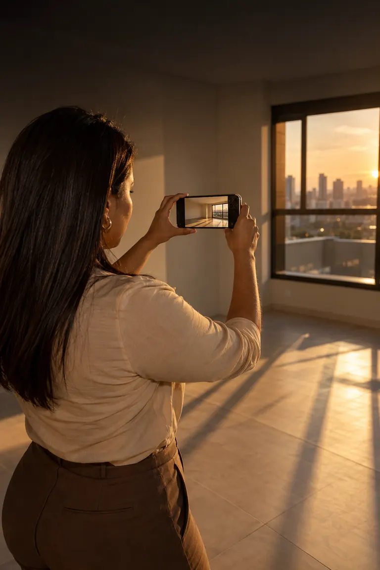 Corretora gravando com o iPhone um vídeo de um apartamento ao pôr do sol.