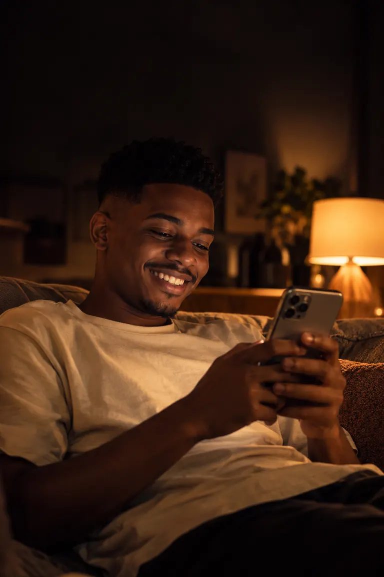 Jovem sorrindo no sofá de casa enquanto usa o iPhone.
